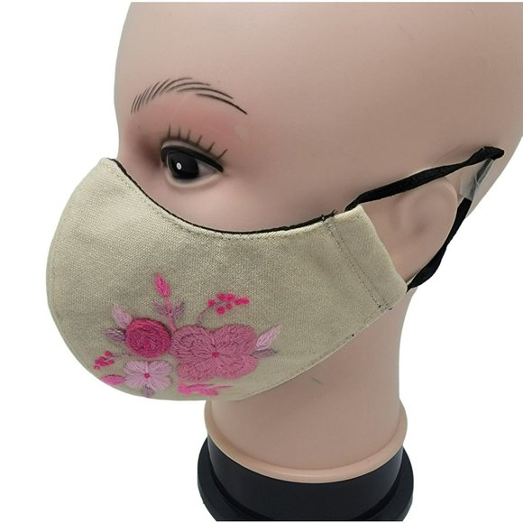 New Face cover ear loop Cream Mask Women's Embroidered handmade Pink flowers - Picture 1 of 6